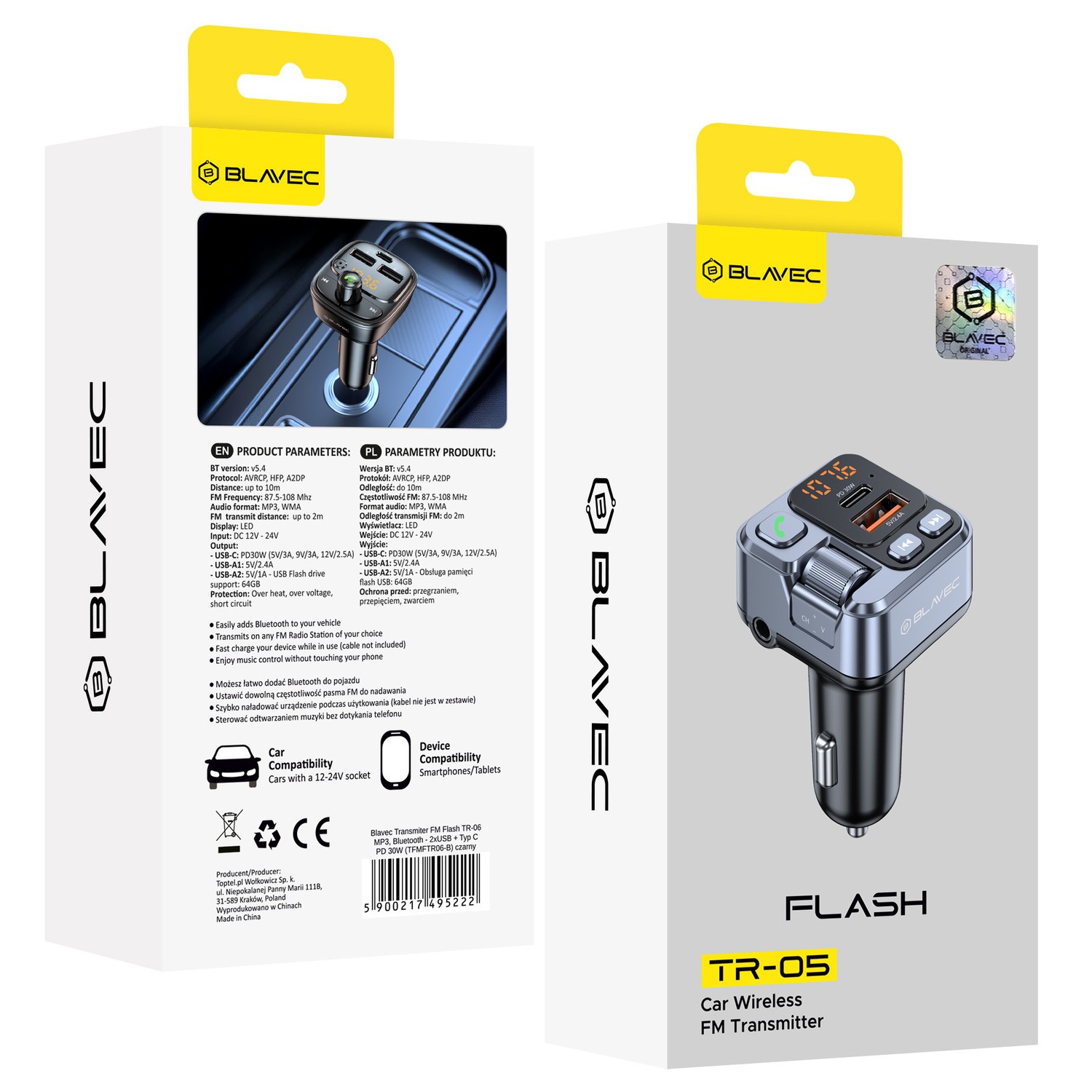 Blavec Transmiter FM TR-05 30W USB-C Bluetooth czarny Motorola Moto G54 5G Power / 7