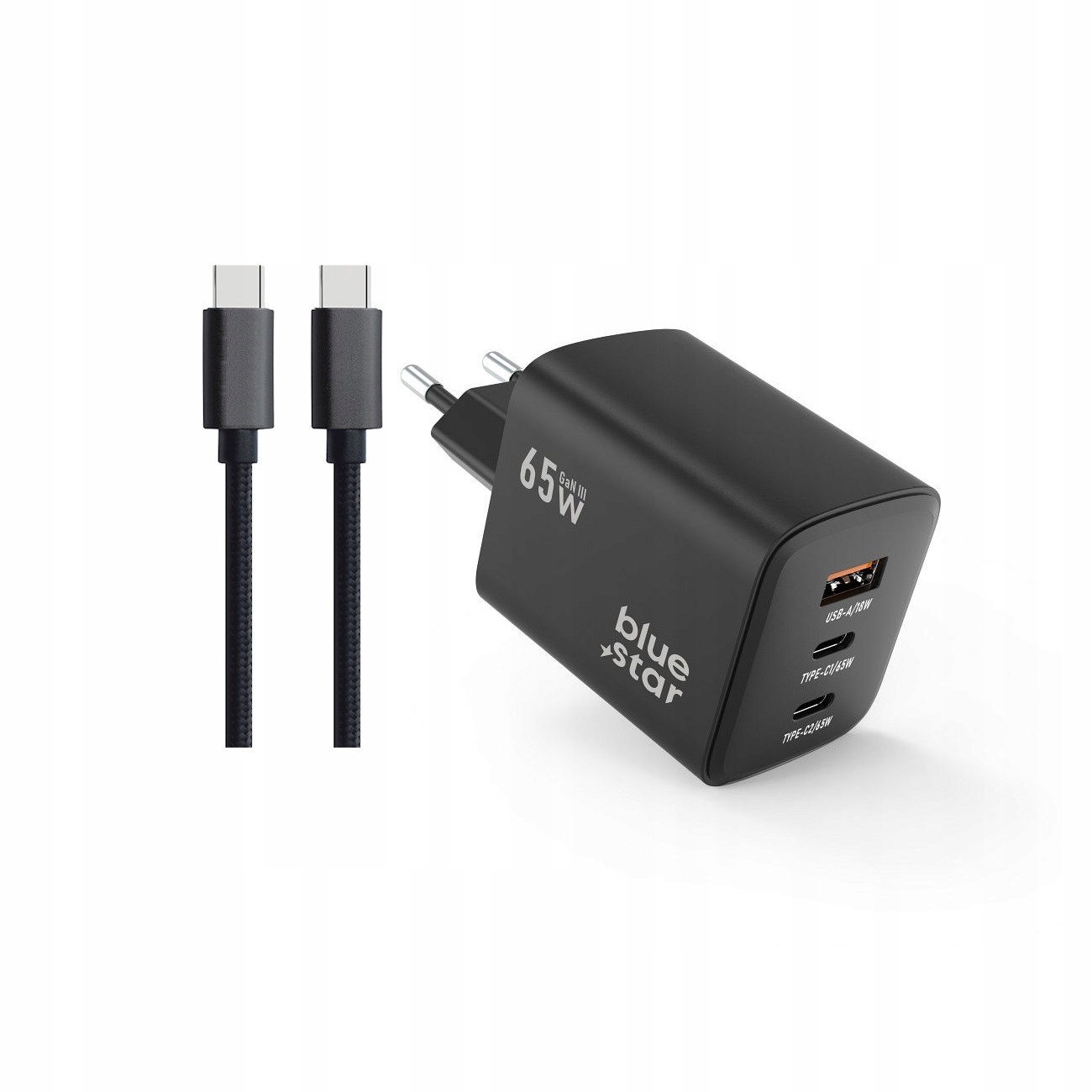 Szybka �adowarka 65W BLUE STAR kostka z kablem 1m USB-C do telefonu 3 wej�cia czarna Samsung Galaxy S22 Plus