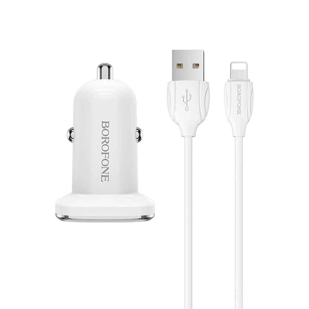 Borofone �adowarka samochodowa BZ12 Lasting 2USB 2,4A z kablem 8-pin bia�a