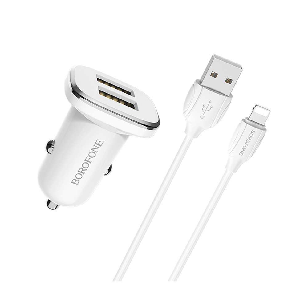 Borofone �adowarka samochodowa BZ12 Lasting 2USB 2,4A z kablem 8-pin bia�a / 2