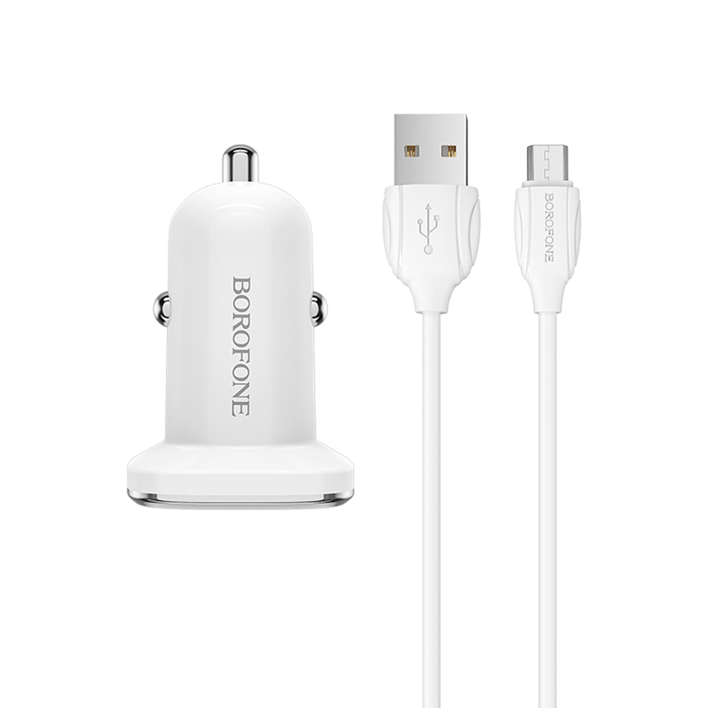 Borofone �adowarka samochodowa BZ12 Lasting 2USB 2,4A z kablem micro bia�a
