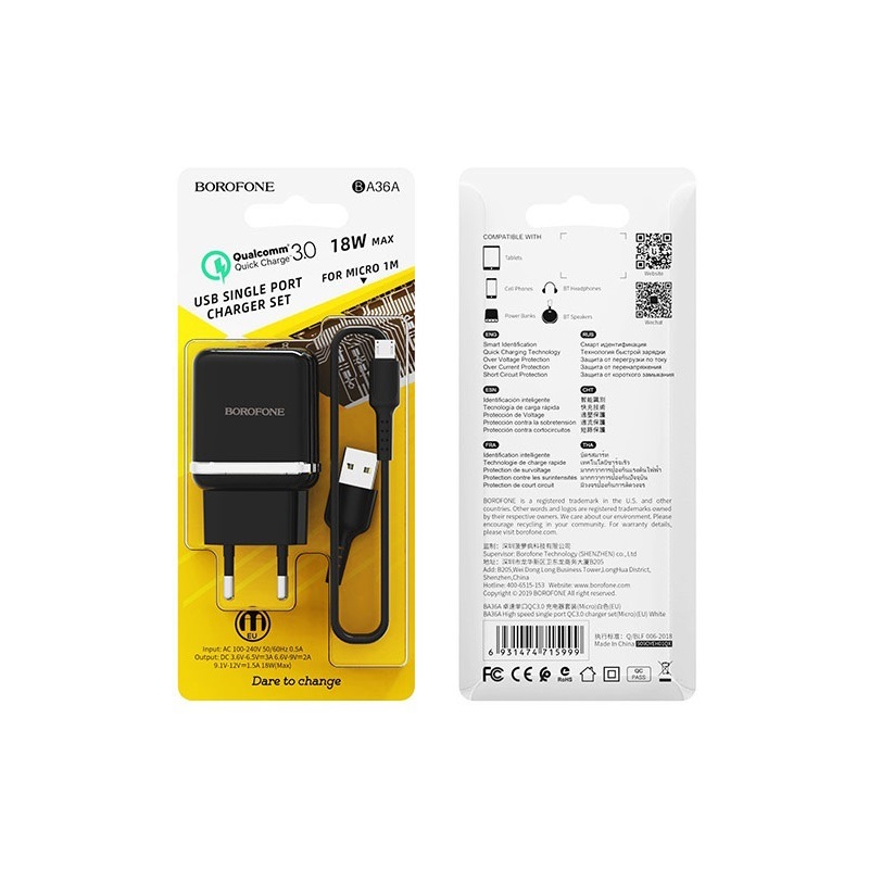Borofone �adowarka sieciowa BA36A 1USB QC 3.0 z kablem micro czarna / 3