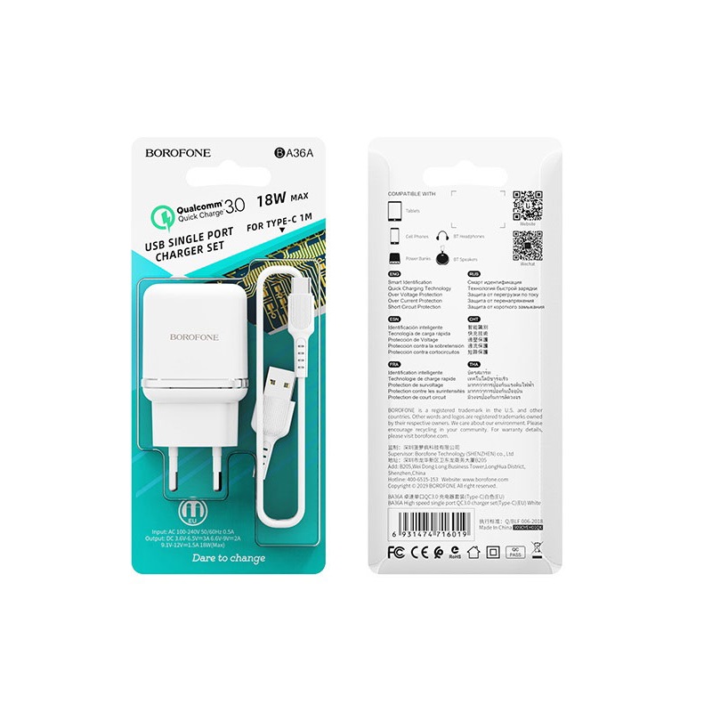 Borofone �adowarka sieciowa BA36A 1USB QC 3.0 z kablem typ-C bia�a
