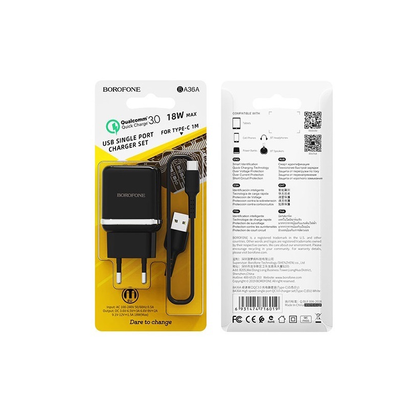 Borofone �adowarka sieciowa BA36A 1USB QC 3.0 z kablem typ-C czarna / 3