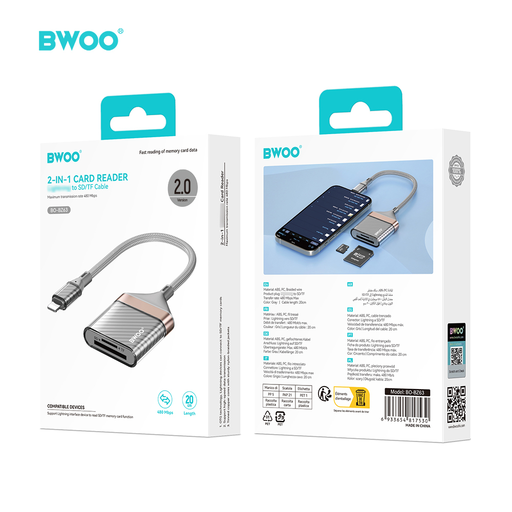 BWOO BZ63 adapter Lightning - karta SD/TF szary / 2