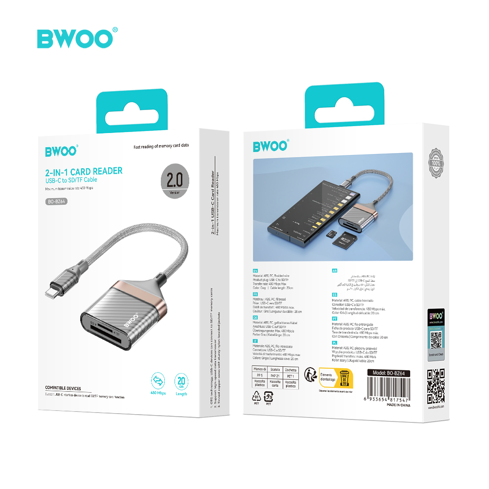 BWOO BZ64 adapter USB-C - karta SD/TF szary / 2