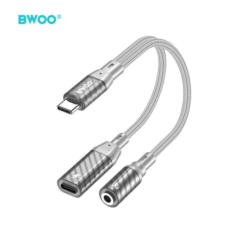 BWOO BZ67 adapter 2w1 Lightning/USB-C - jack 3.5mm szary / 2