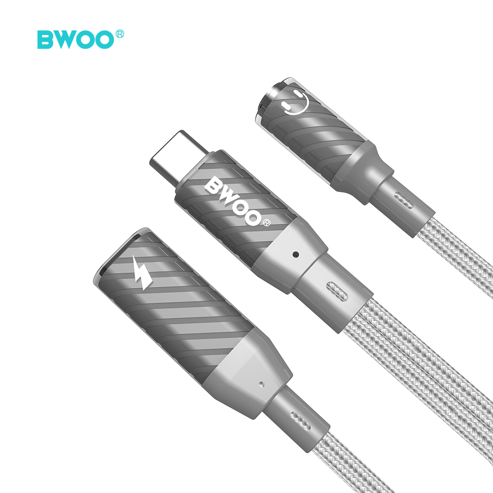 BWOO BZ67 adapter 2w1 Lightning/USB-C - jack 3.5mm szary / 3