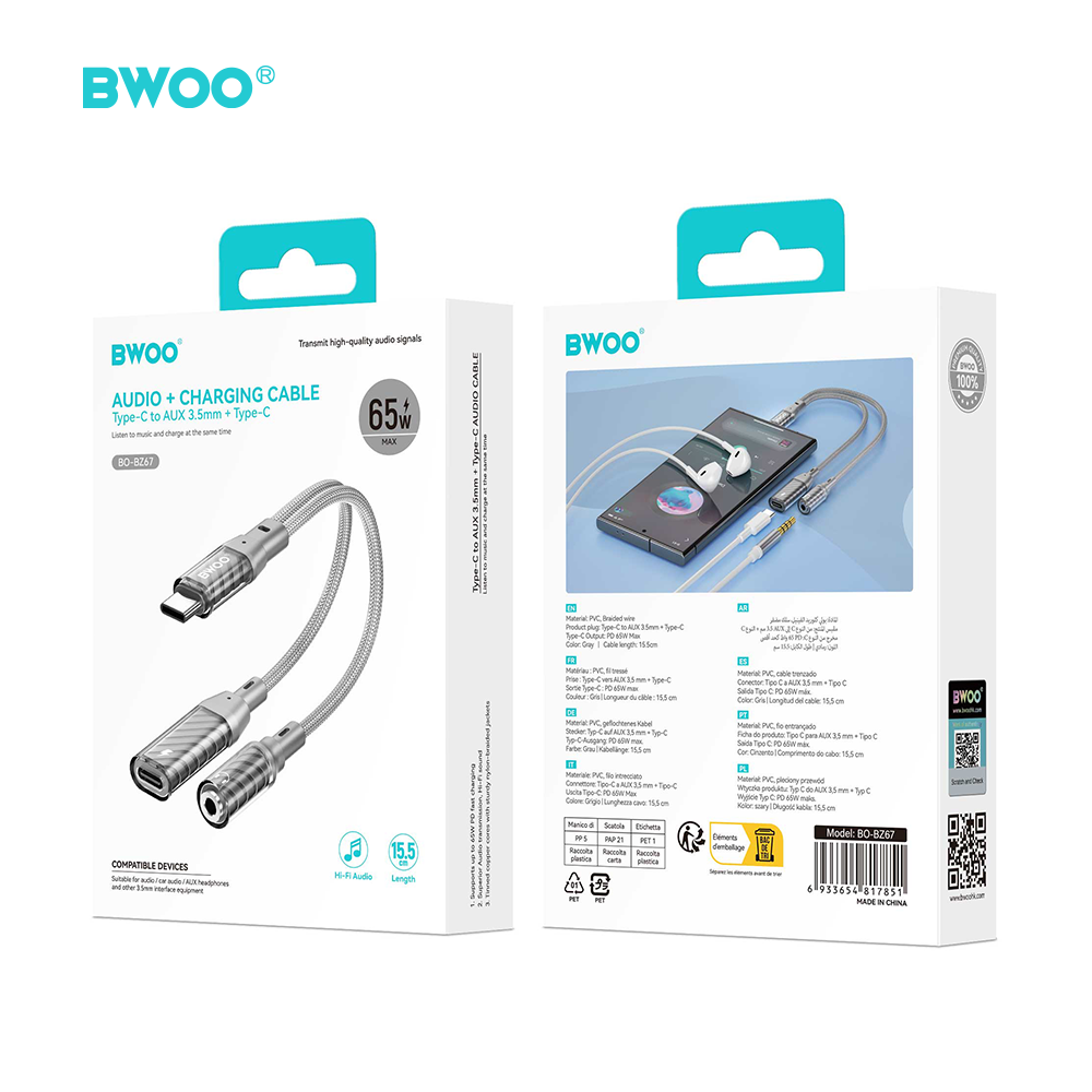 BWOO BZ67 adapter 2w1 Lightning/USB-C - jack 3.5mm szary / 5
