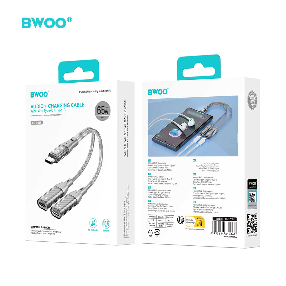 BWOO BZ68 adapter 2w1 2x USB-C - jack 3.5mm szary / 5