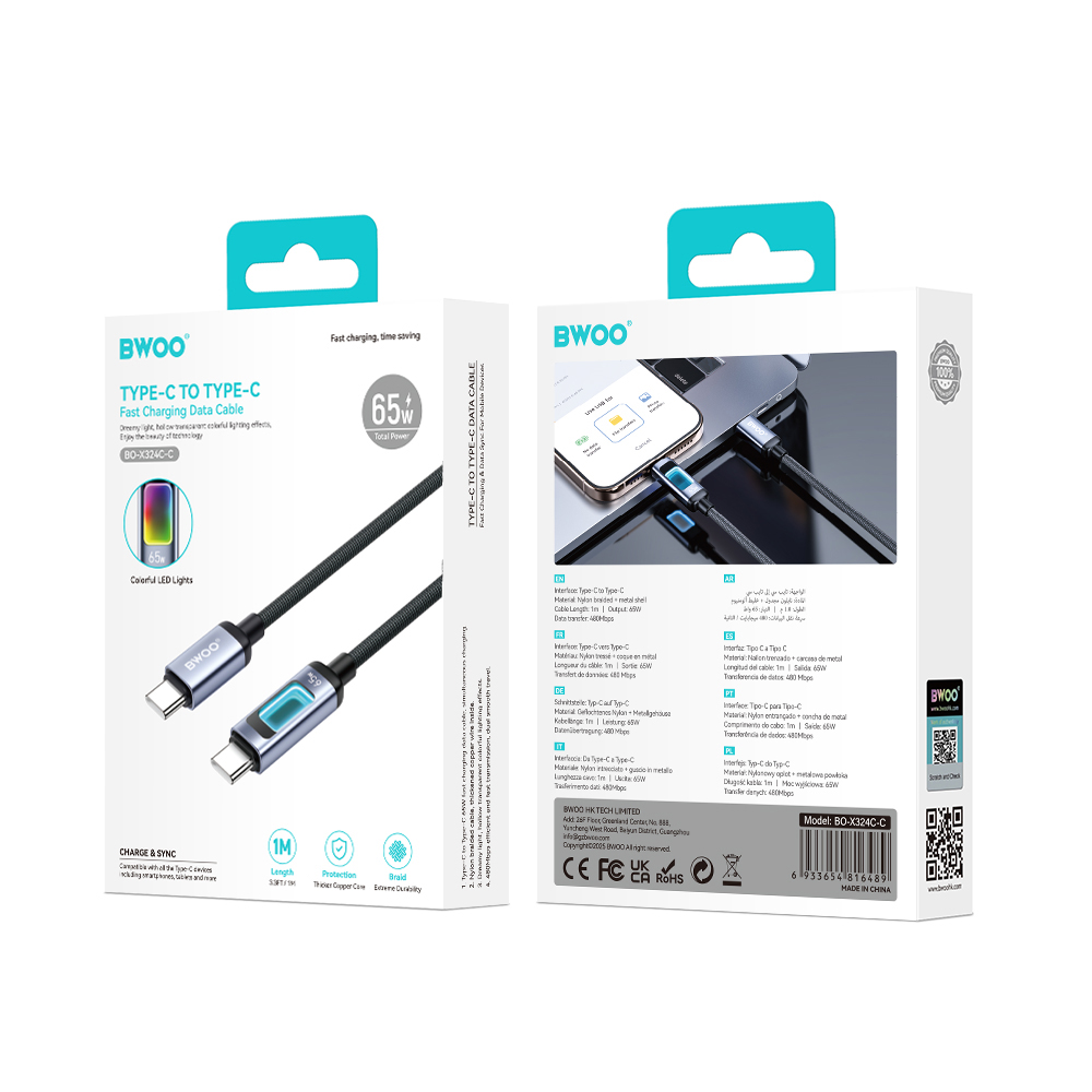 BWOO kabel pleciony z pod�wietleniem PD 60W X324CC USB-C - USB-C / 4