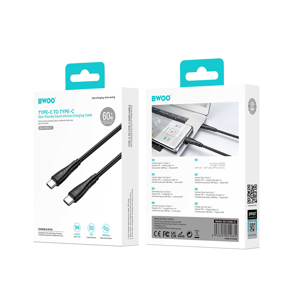 BWOO kabel USB-C - USB-C 1m 60W 3A czarny BO-X318C-C / 4