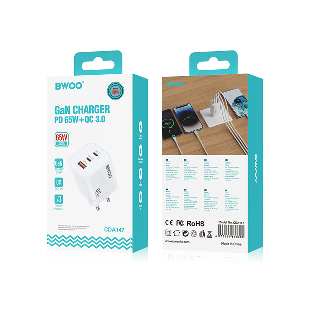BWOO �adowarka CDA147 65W GaN TRAVEL CHARGER 2 x USB-C, 1 x USB- A / 6
