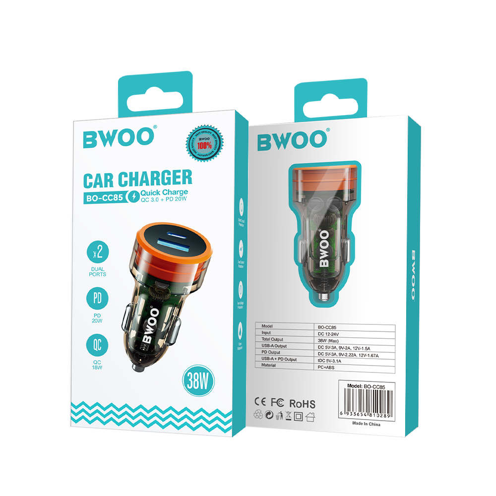 BWOO �adowarka samochodowa BO-CC85 38W fast transparent car charger QC 18W + PD 20W / 6