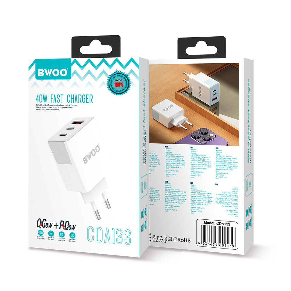 BWOO �adowarka sieciowa CDA133 40W wall charger 2 x USB-C ,1 x USB-A / 6