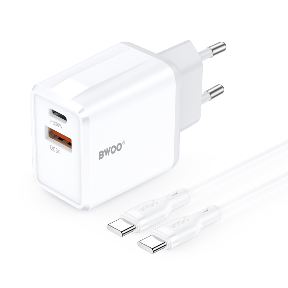BWOO �adowarka sieciowa CDA182 QC 1x USB-A + 1x USB-C 3,8A 38W z kablem USB-C 1 m bia�a