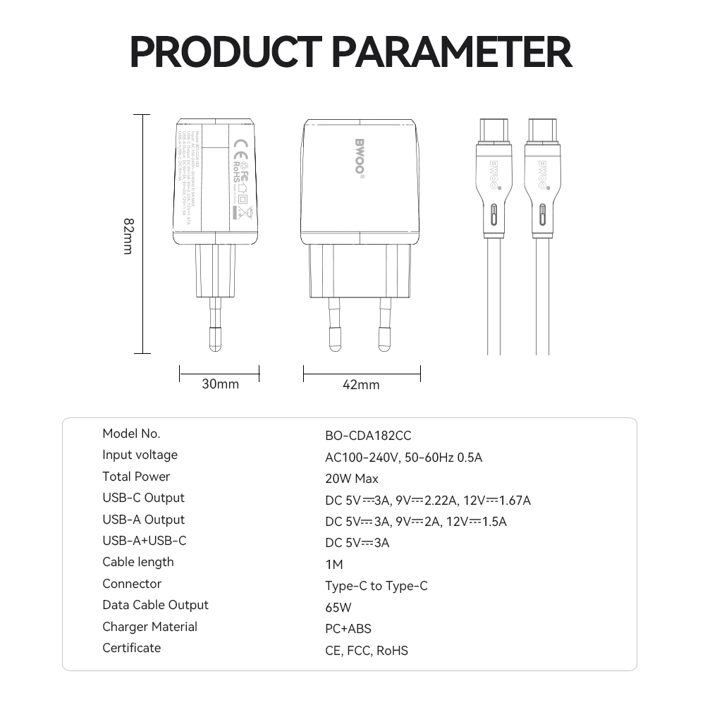 BWOO �adowarka sieciowa CDA182 QC 1x USB-A + 1x USB-C 3,8A 38W z kablem USB-C 1 m bia�a / 5