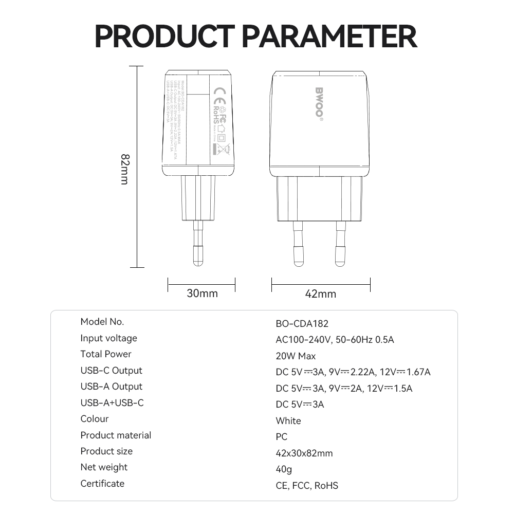 BWOO �adowarka sieciowa CDA182 QC 38W 1x USB-A + 1x USB-C bia�a / 4