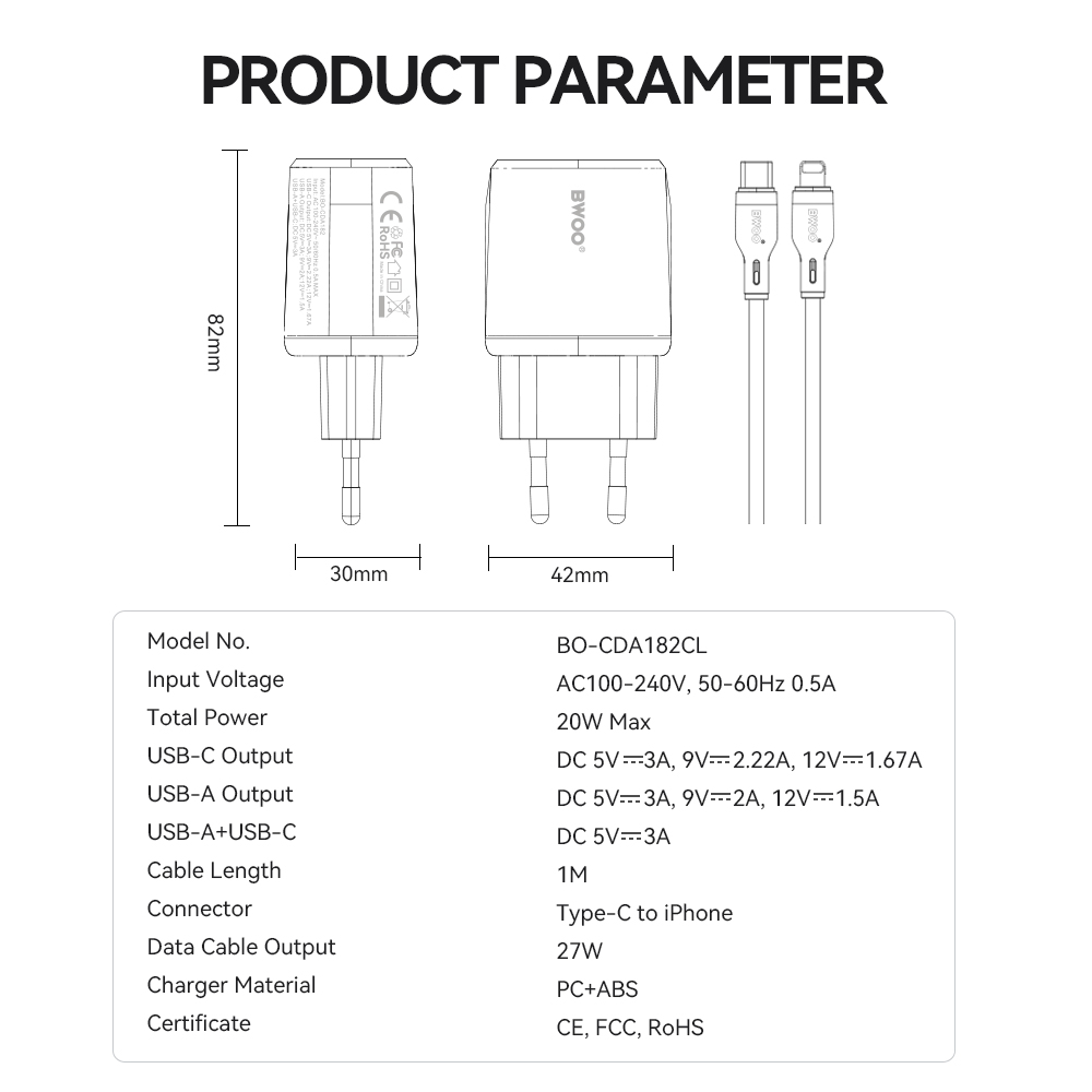 BWOO �adowarka sieciowa CDA182 QC 38W 1x USB-A + 1x USB-C z kablem USB-C-Lightning 1 m bia�a / 5