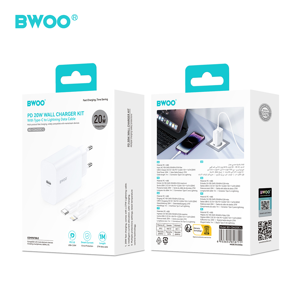 BWOO �adowarka sieciowa CDA233 PD 20W 1x USB-C bia�a + kabel USB-C - lightning / 5