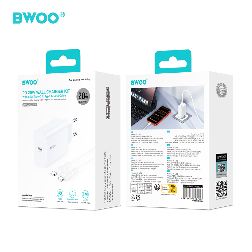 BWOO �adowarka sieciowa CDA233 PD 20W 1x USB-C bia�a + kabel USB-C - USB-C / 5