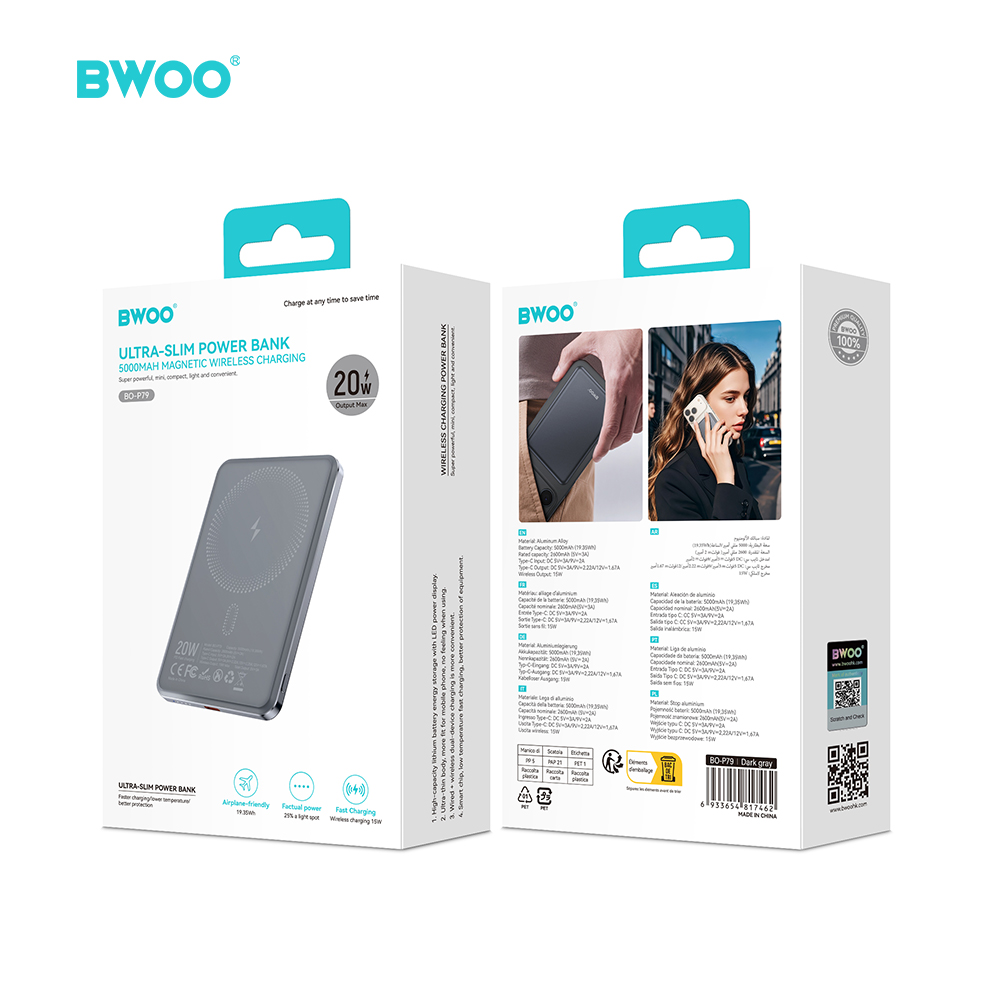 BWOO P79 ultracienki powerbank 5000mAh z �adowaniem magnetycznym szary / 3