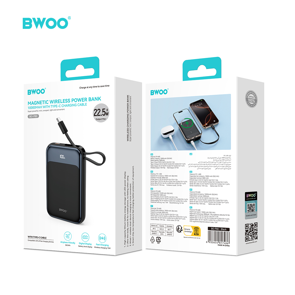 BWOO P80 powerbank PD 20W 10000 mAh z dwoma kablami i wy�wietlaczem czarny / 2