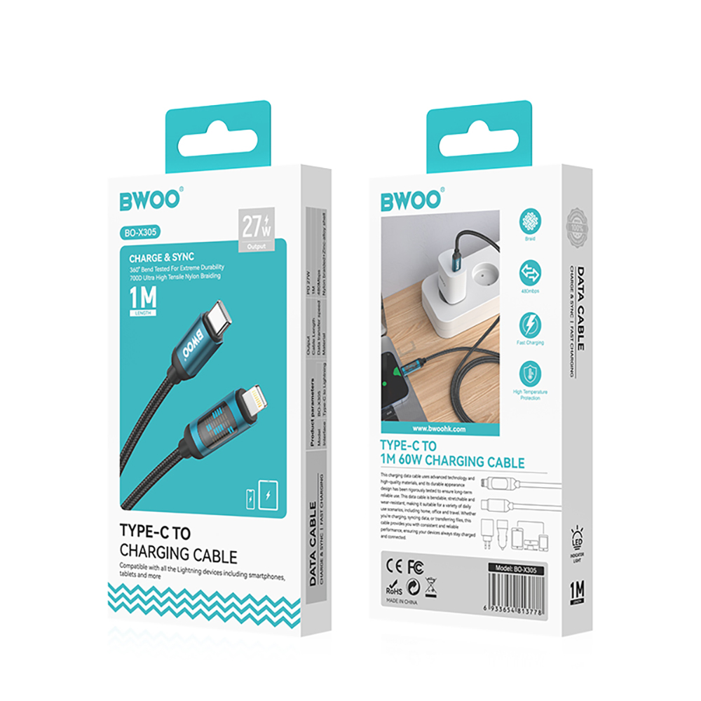 BWOO Pleciony kabel USB-C do USB-C 60W z animowanym pod�wietleniem, 1m / 4