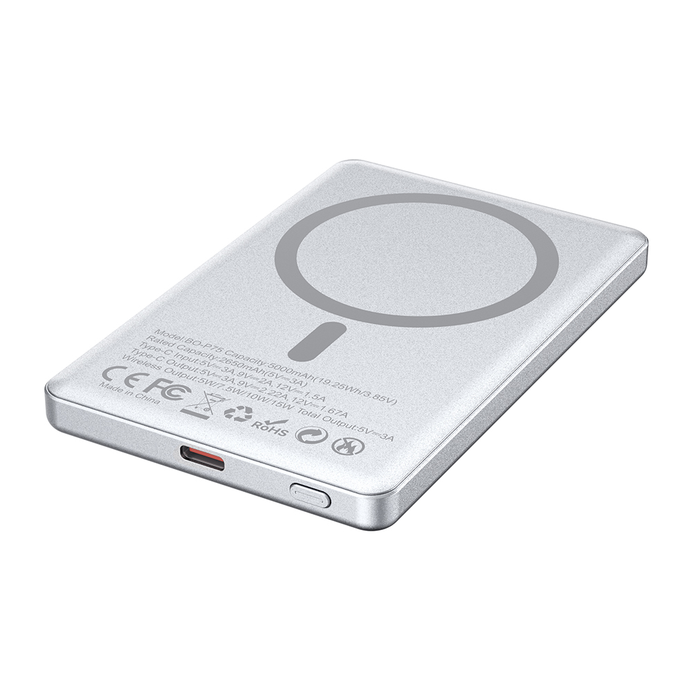 BWOO power bank magnetyczny P75 PD 20W 5000 mAh z wy�wietlaczem i portem USB-C srebrny / 3