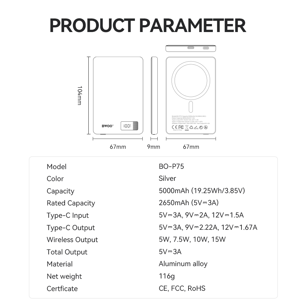 BWOO power bank magnetyczny P75 PD 20W 5000 mAh z wy�wietlaczem i portem USB-C srebrny / 5