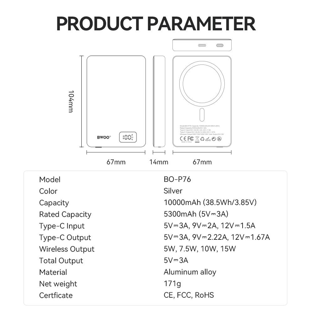 BWOO power bank magnetyczny P76 PD 20W 10000 mAh z wy�wietlaczem i portem USB-C srebrny / 4