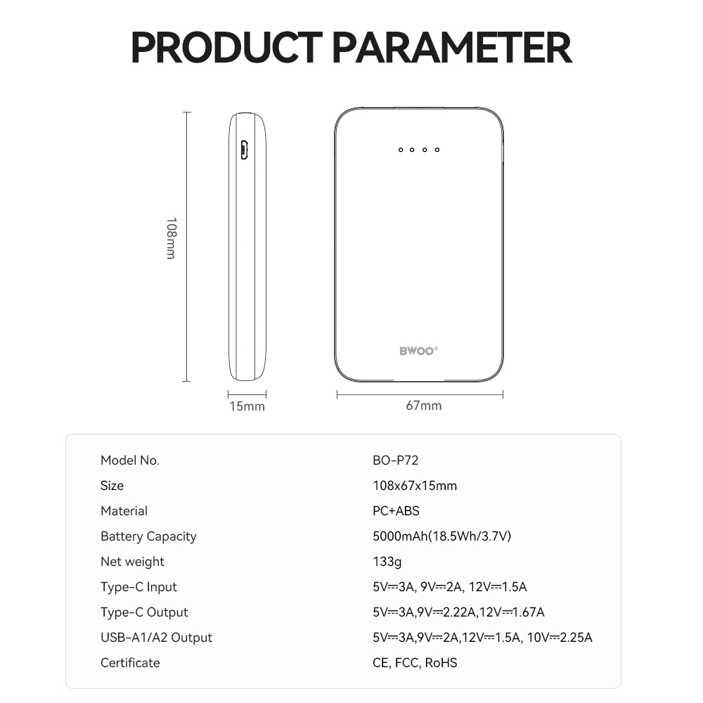 BWOO power bank P72 QC 22.5W PD 20W 5000 mAh z 2 x USB-A 1 x  USB-C czarny / 4