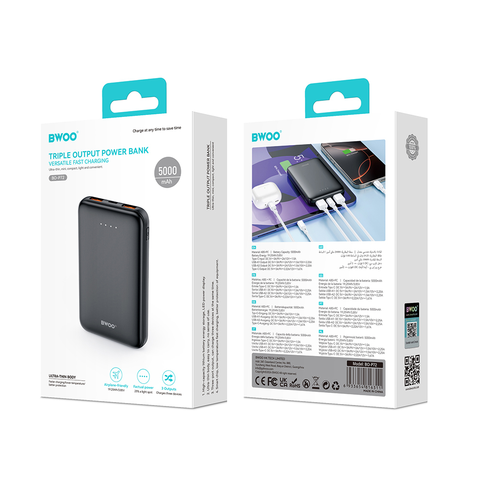 BWOO power bank P72 QC 22.5W PD 20W 5000 mAh z 2 x USB-A 1 x  USB-C czarny / 5