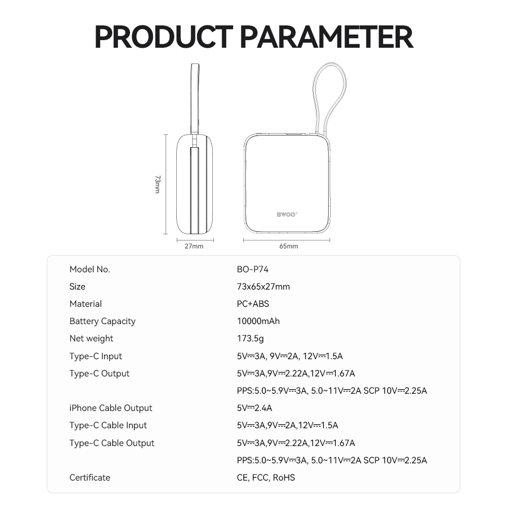 BWOO power bank P73 22.5W 10000 mAh z 2 wbudowanymi kablami 1 x USB-C 1 x Lightning srebrny / 4