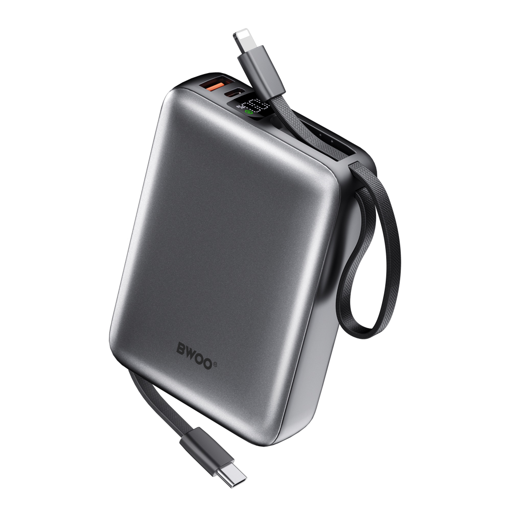 BWOO power bank P74 22.5W 20000 mAh z 2 wbudowanymi kablami 1 x USB-C 1 x Lightning srebrny