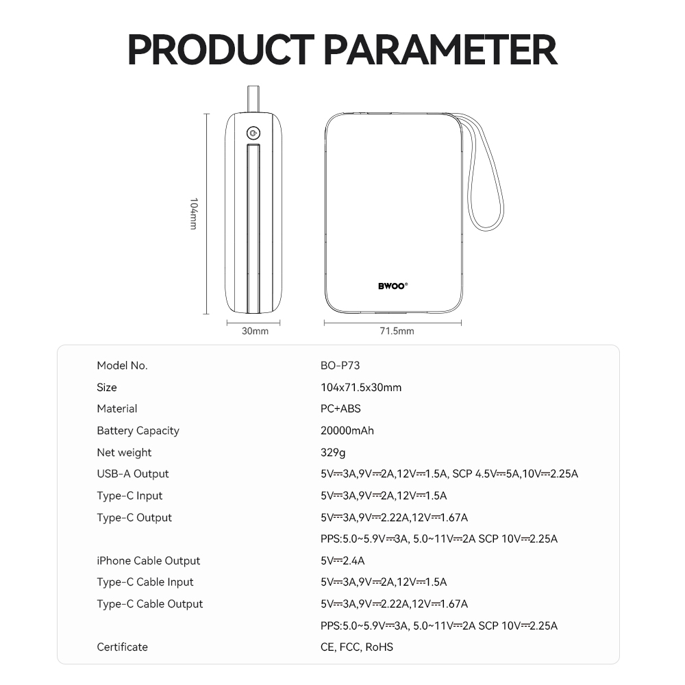BWOO power bank P74 22.5W 20000 mAh z 2 wbudowanymi kablami 1 x USB-C 1 x Lightning srebrny / 3
