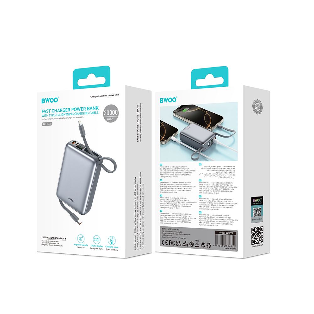 BWOO power bank P74 22.5W 20000 mAh z 2 wbudowanymi kablami 1 x USB-C 1 x Lightning srebrny / 4