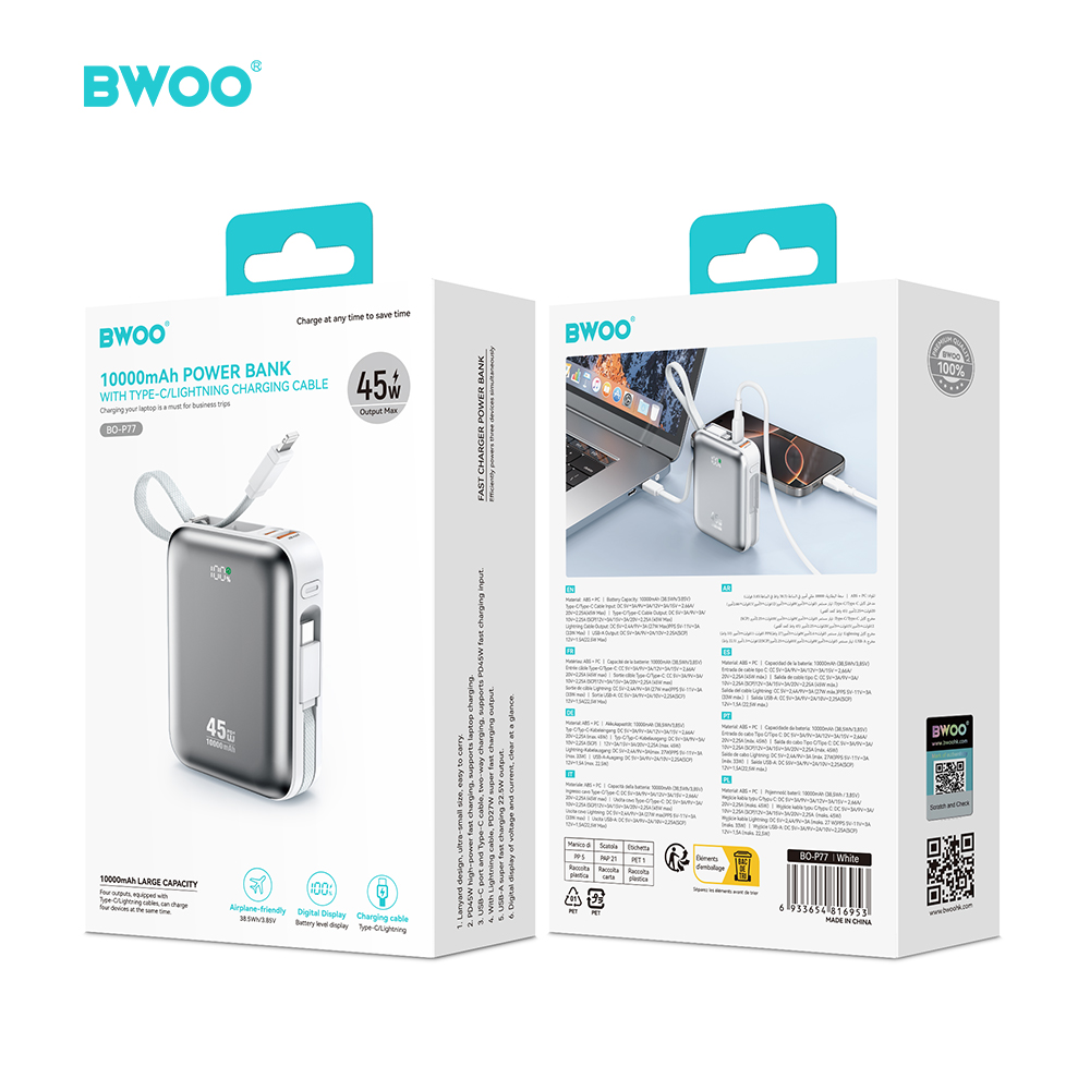 BWOO Power bank P77 45W, 10000 mAh z kablem usb-c lightning, szary / 3