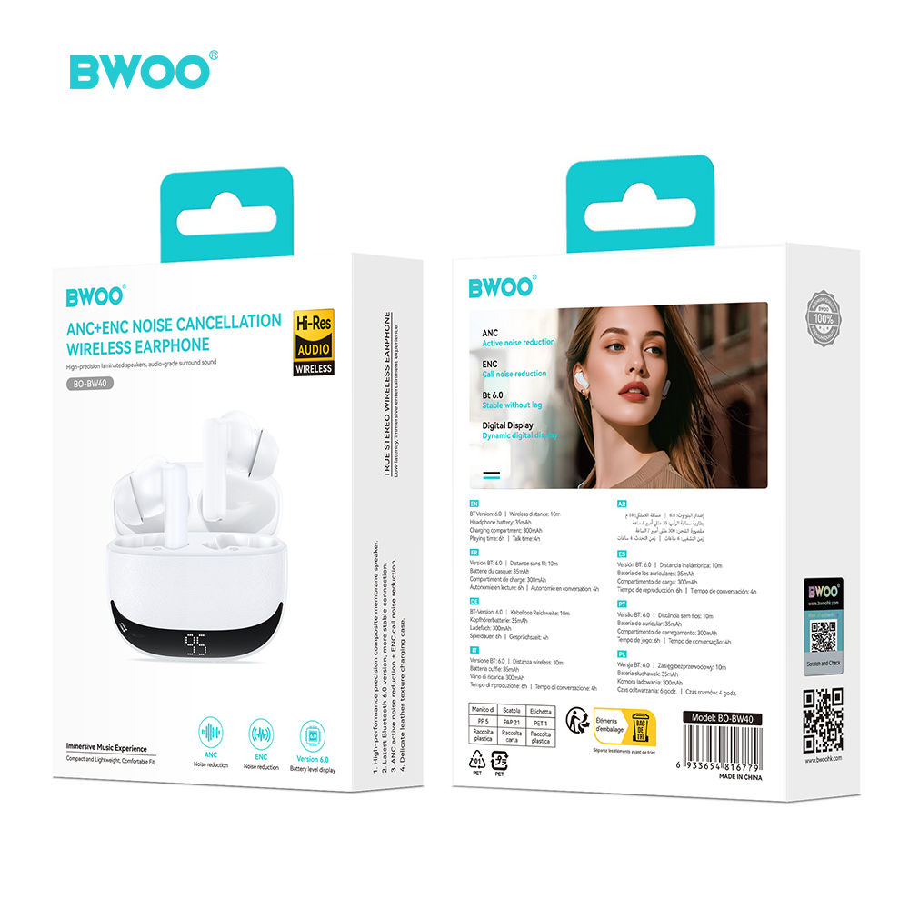 BWOO s�uchawki Bluetooth BW40 TWS ANC z wy�wietlaczem lcd biale / 5