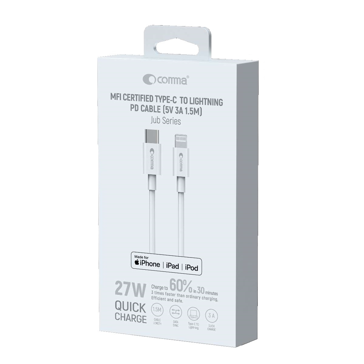 Comma kabel Jub MFi USB-C - Lightning 3A 1,5m bia�y / 2