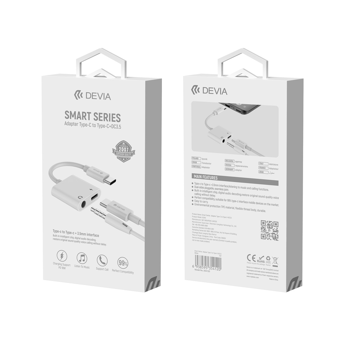 Devia adapter Smart USB-C - USB-C (port) + jack 3,5mm (port) bia�y / 7