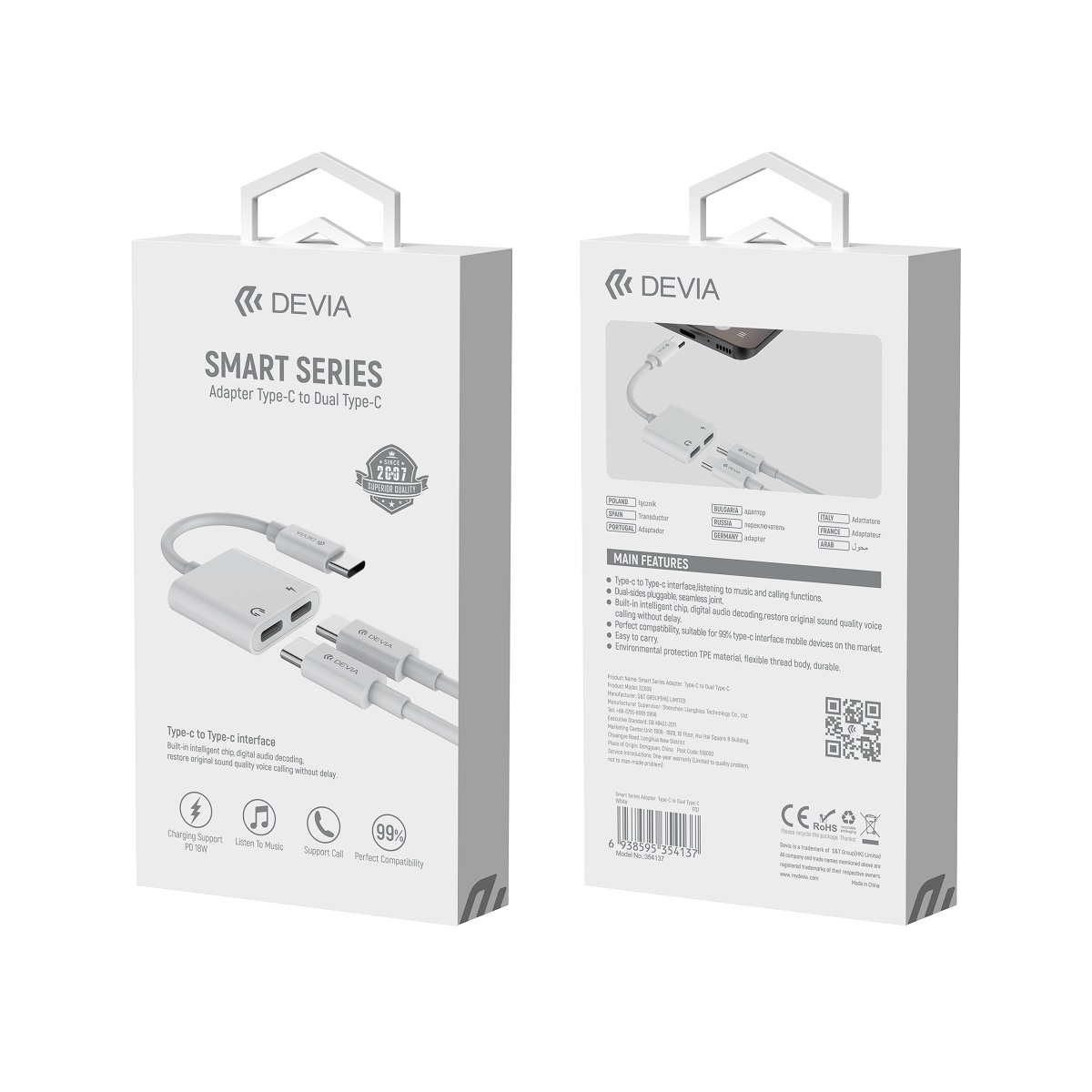 Devia adapter Smart USB-C - USB-C (port) + USB-C (port) bia�y / 6