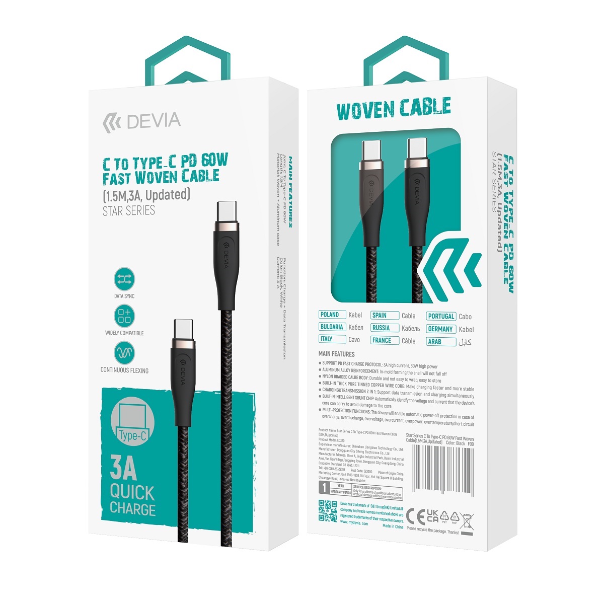 Devia kabel EC320 Star PD USB-C - USB-C 1,5 m 60W 3A bia�y / 3