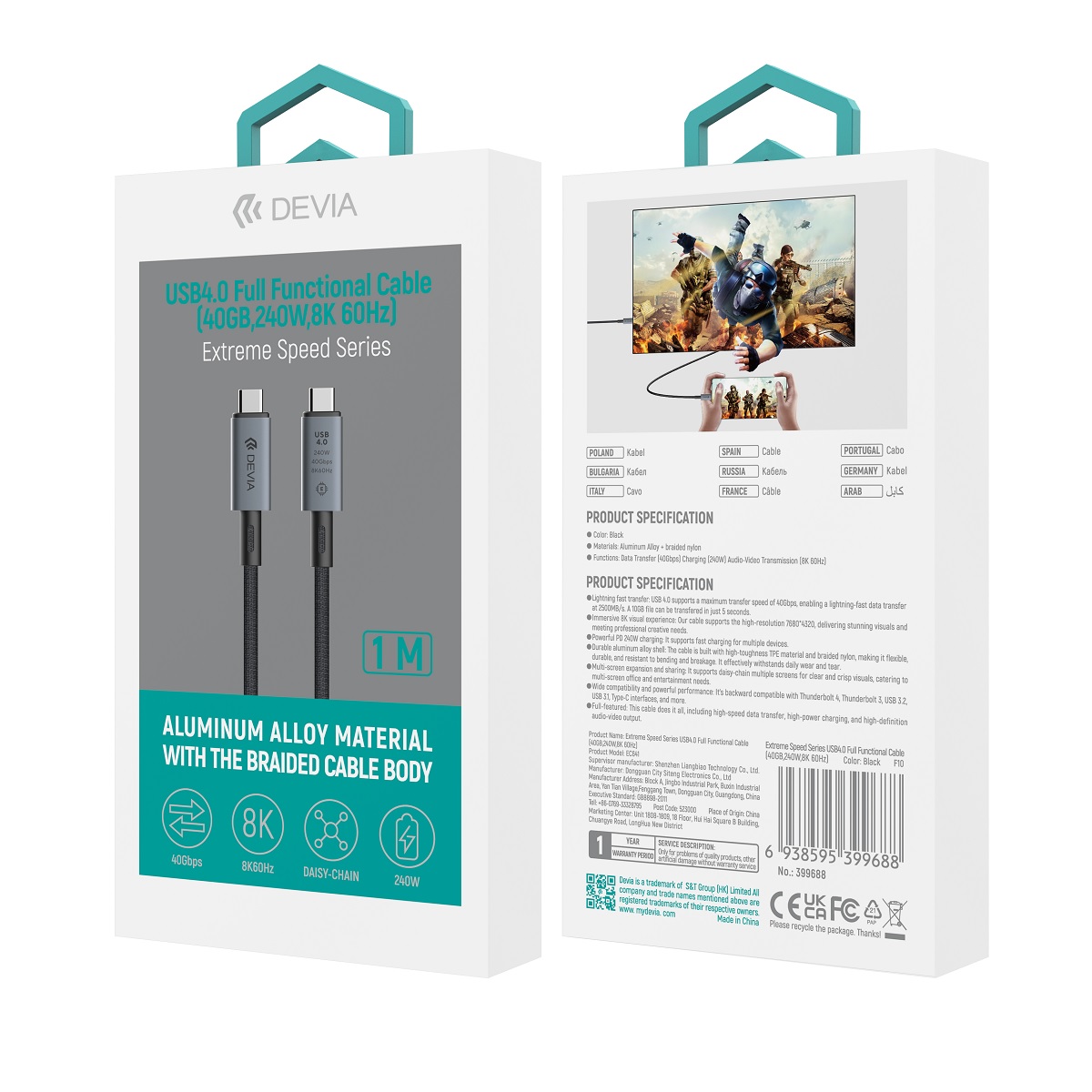 Devia kabel Extreme PD USB-C - USB-C 4.0 1,0 m 240W czarny 8K 60Hz / 3