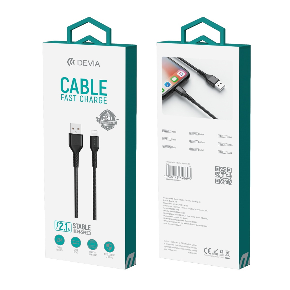 Devia kabel Gracious USB - Lightning 2,0 m 2,1A czarny / 5