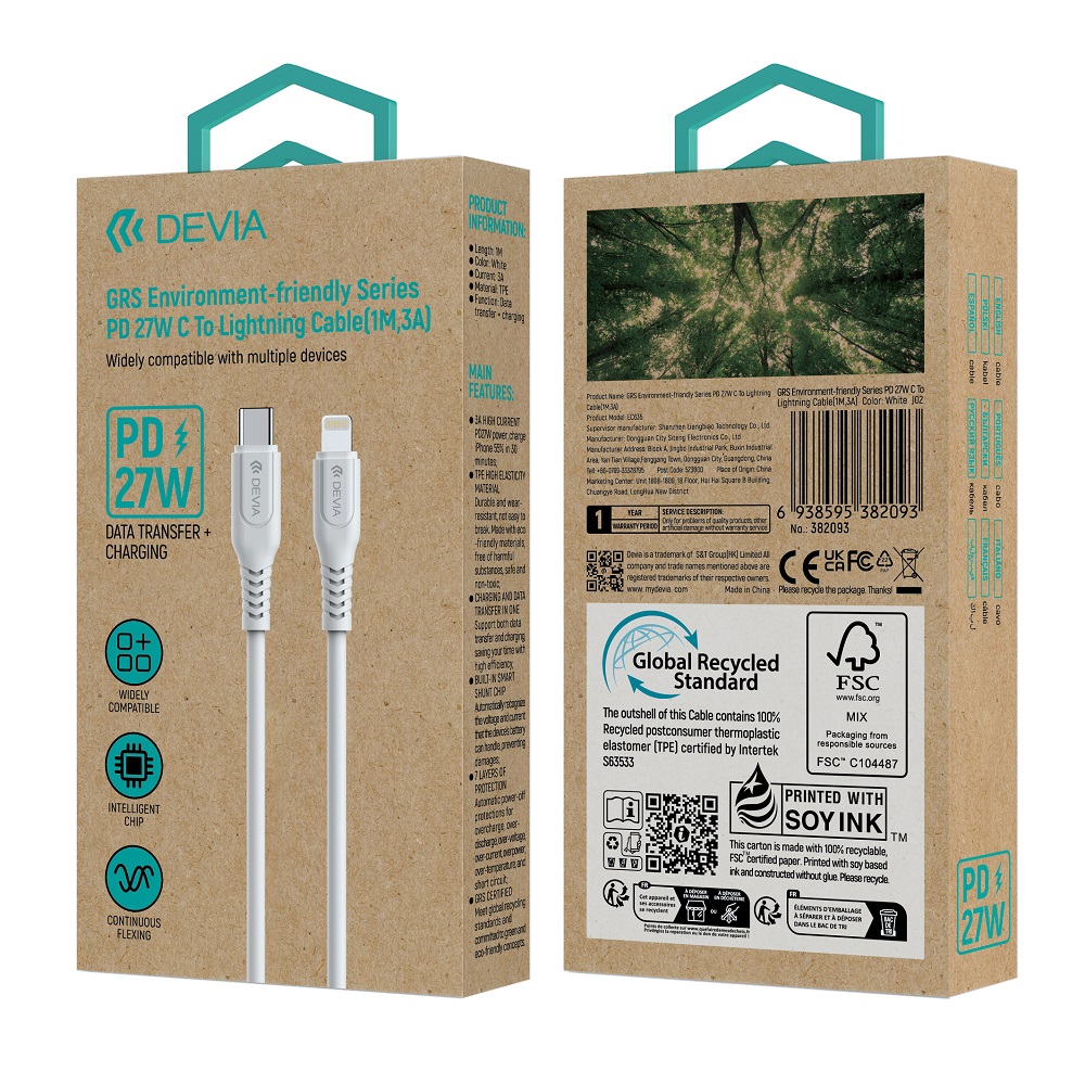 Devia kabel GRS EC635 PD USB-C - Lightning 1,0 m 27W 3A bia�y / 4