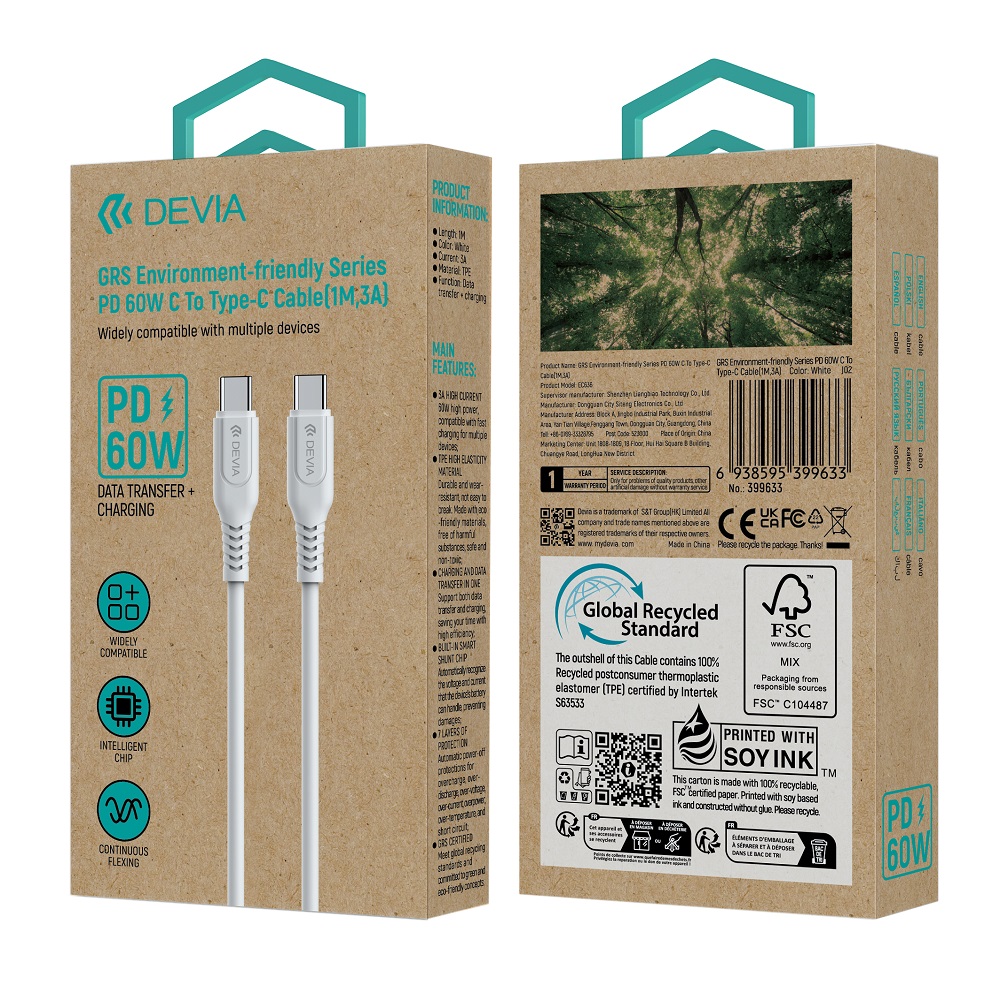 Devia kabel GRS EC636 PD USB-C - USB-C 1,0 m 60W 3A bia�y / 4