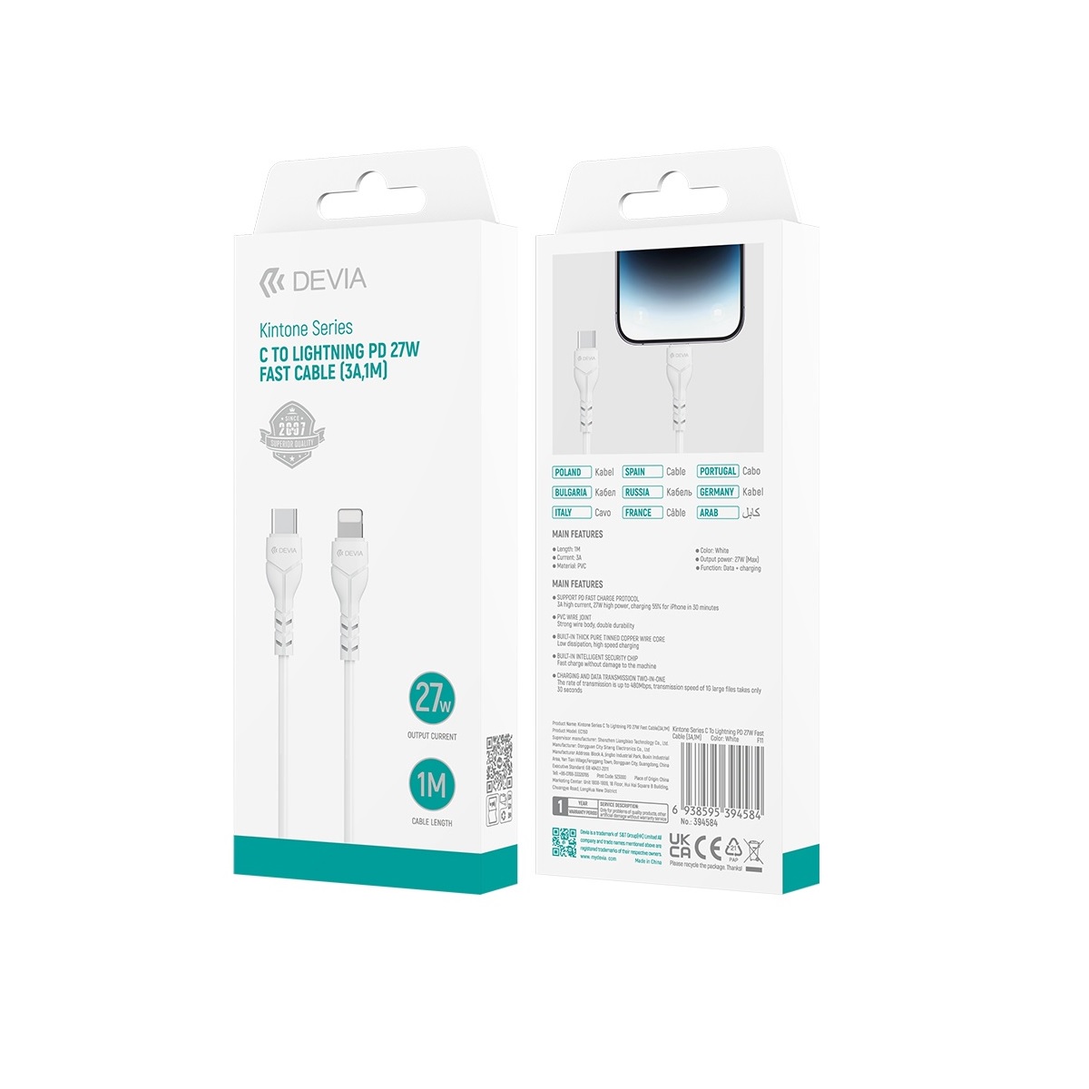 Devia kabel Kintone USB-C - Lightning 1,0 m 27W 3A bia�y / 6