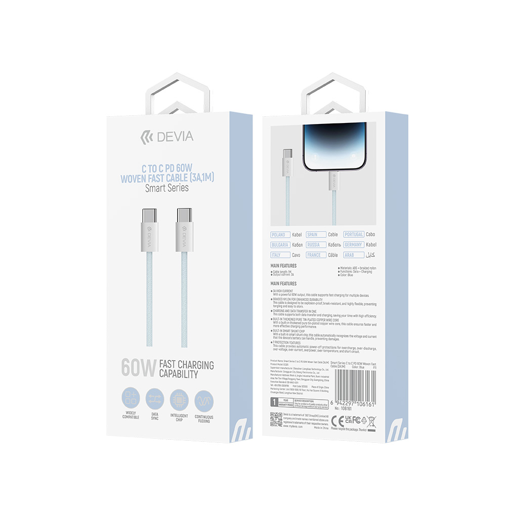 Devia kabel Smart EC325 PD USB-C - USB-C 1,0 m 60W 3A niebieski / 4