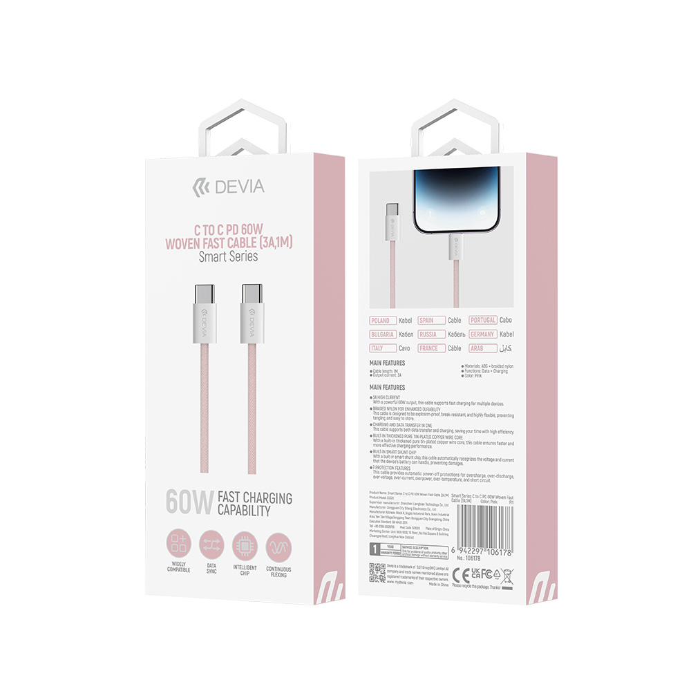 Devia kabel Smart EC325 PD USB-C - USB-C 1,0 m 60W 3A r�owy / 4